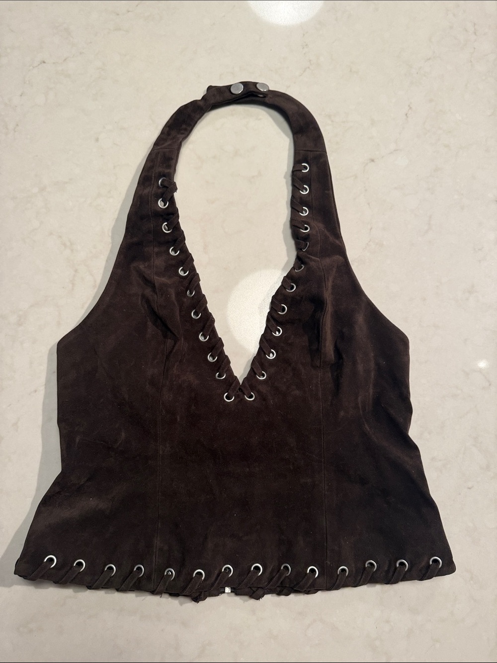JOES Brown Suede Halter Top with Lace-Up Eyelet Detail - XS